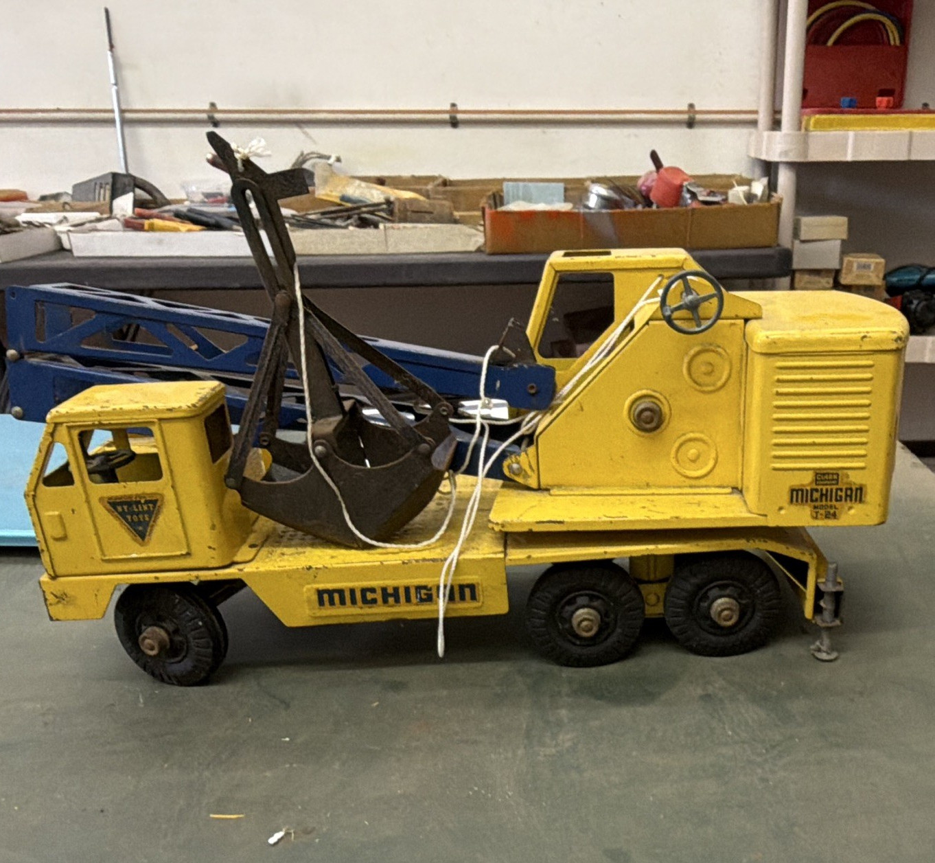 Michigan Vintage Yellow/Blue Pressed Steel Crane Construction Vehicle Toy