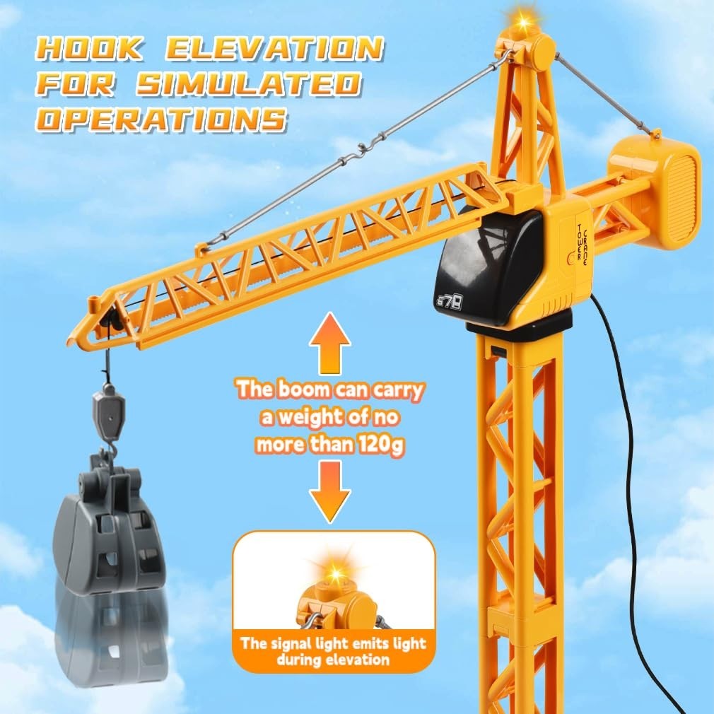 28-Inch Remote Control Construction Tower Crane Toy, 4-Channel LED Grabber, STEM