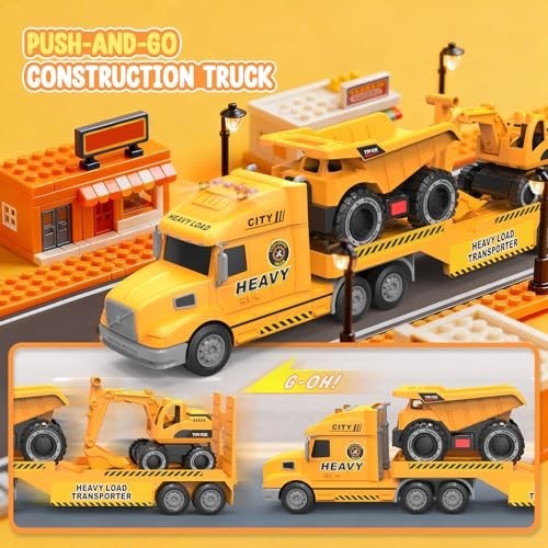 3-in-1 Construction Carrier Truck Toy with Excavator & Dump Truck Lights Sounds