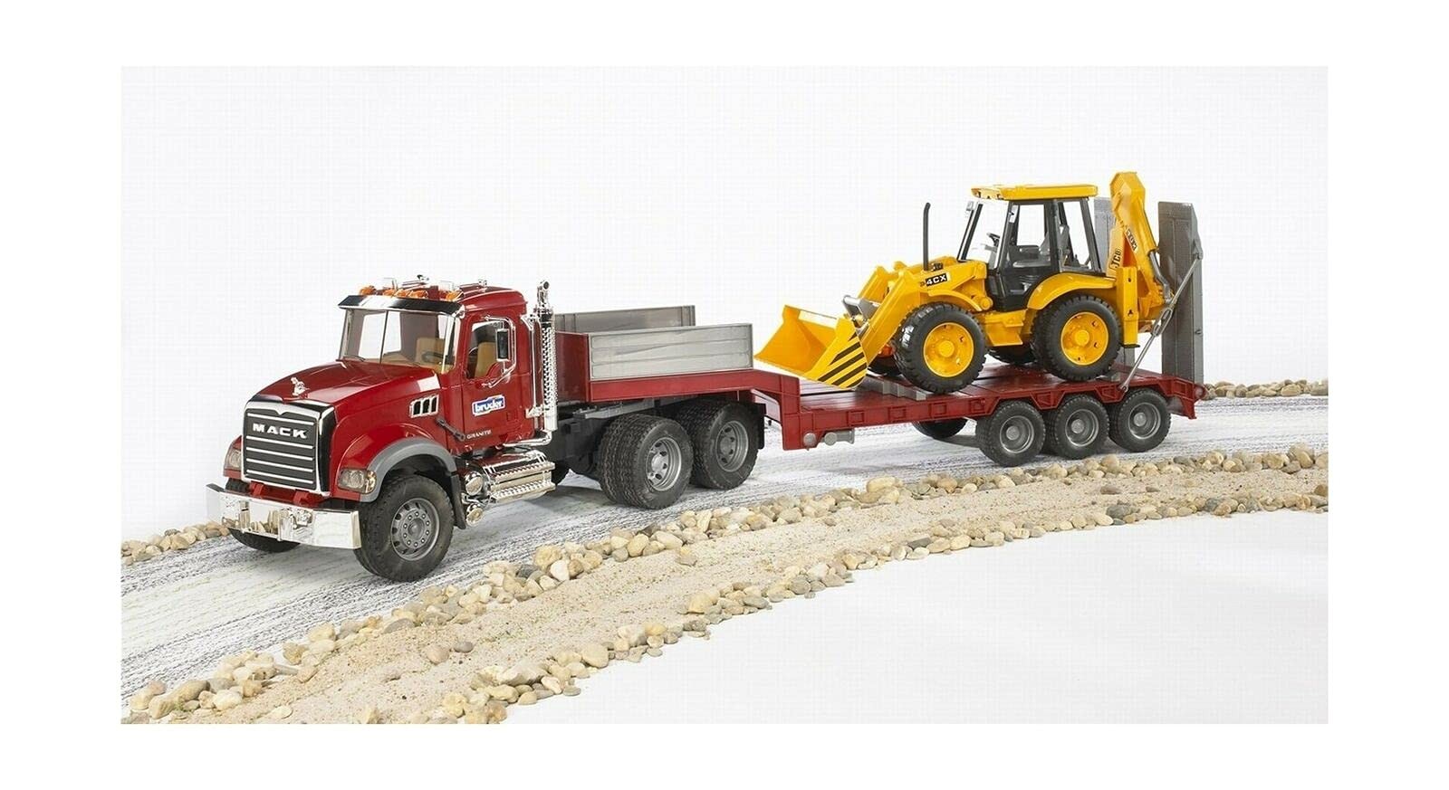 Toys 02813 Mack Granite Flatbed Truck with JCB Loader Backhoe