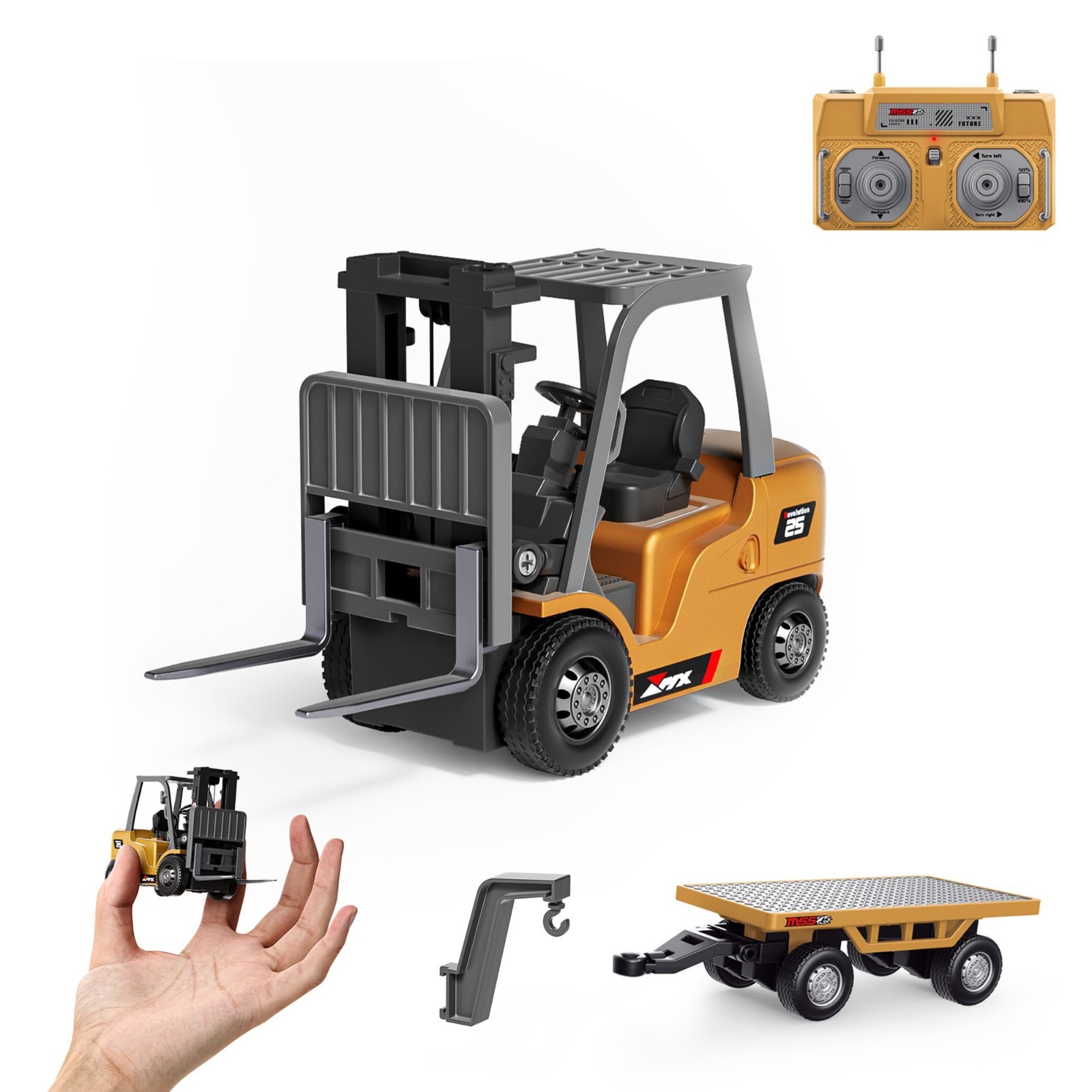 1/64 RC Forklift Toy 8CH Mini Remote Control Truck 2-in-1 Lift & Hook Kids 4+