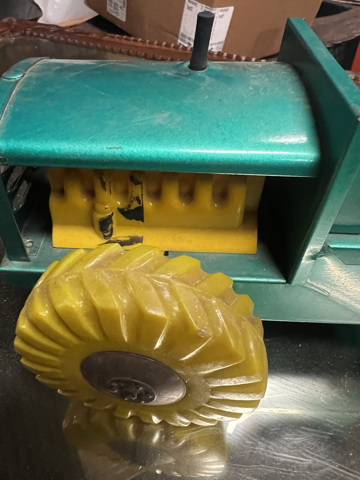 Vintage green Structo Bulldozer, Pressed Steel 12” long -original has play wear