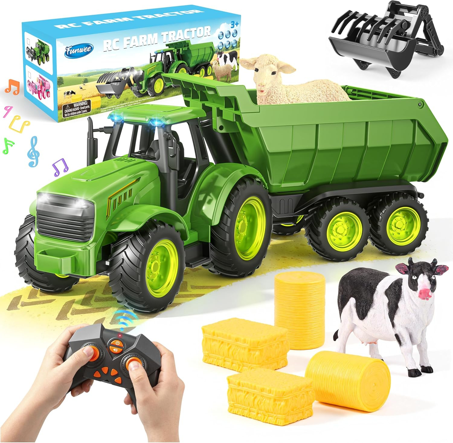 2.4Ghz RC Tractor Toy W/Light & Music, Kid Farm Car Toy W/Front Loader & Farm An