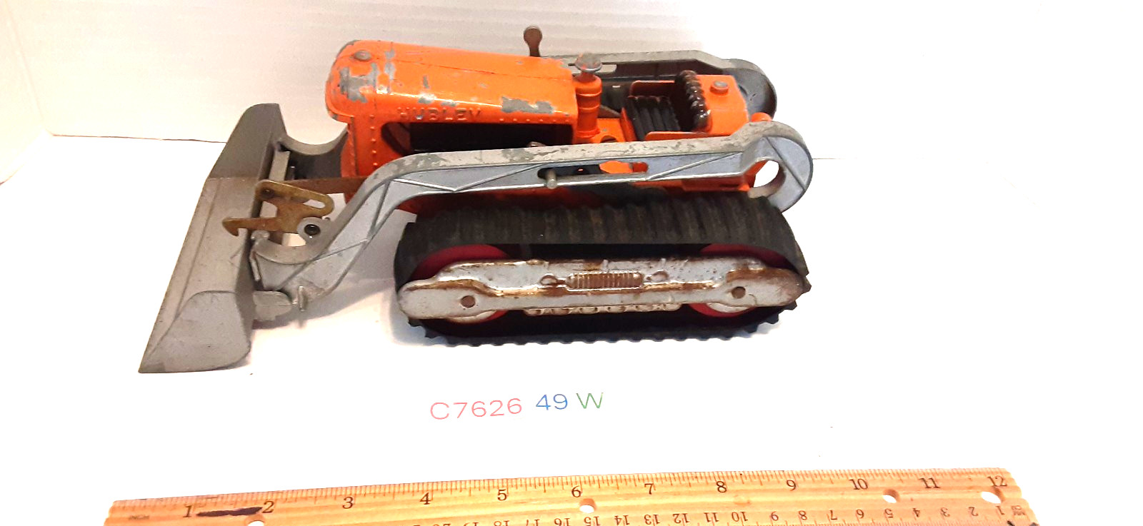 Vintage Toy HUBLEY #505-58 Orange Steel Bulldozer Wooden Wheels Rubber Tracks