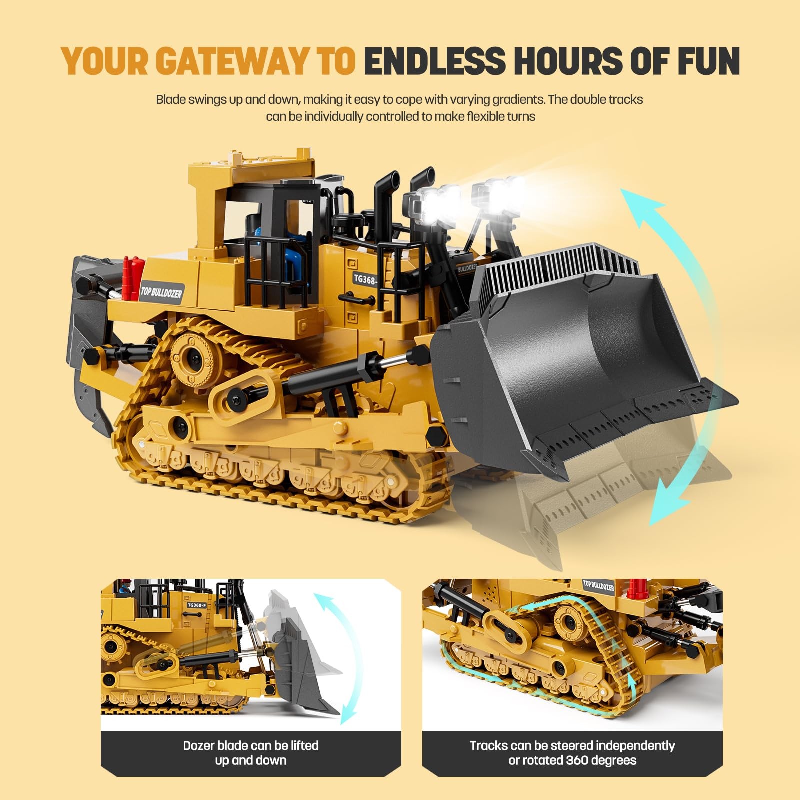 9~Channel RC Bulldozer Toy with Lights & Sound for Kids Ages 3~12
