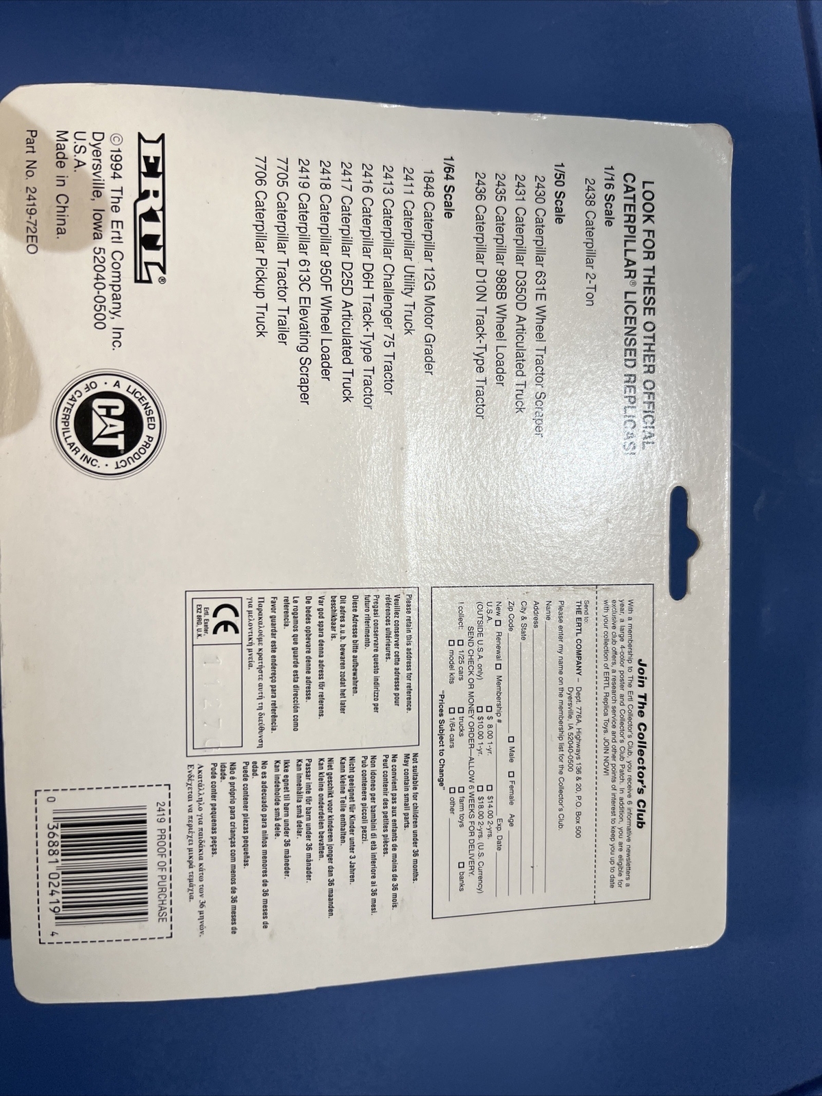 ERTL CAT Caterpillar 613C Elevating Scraper 1/64th scale #2419-new In Pack