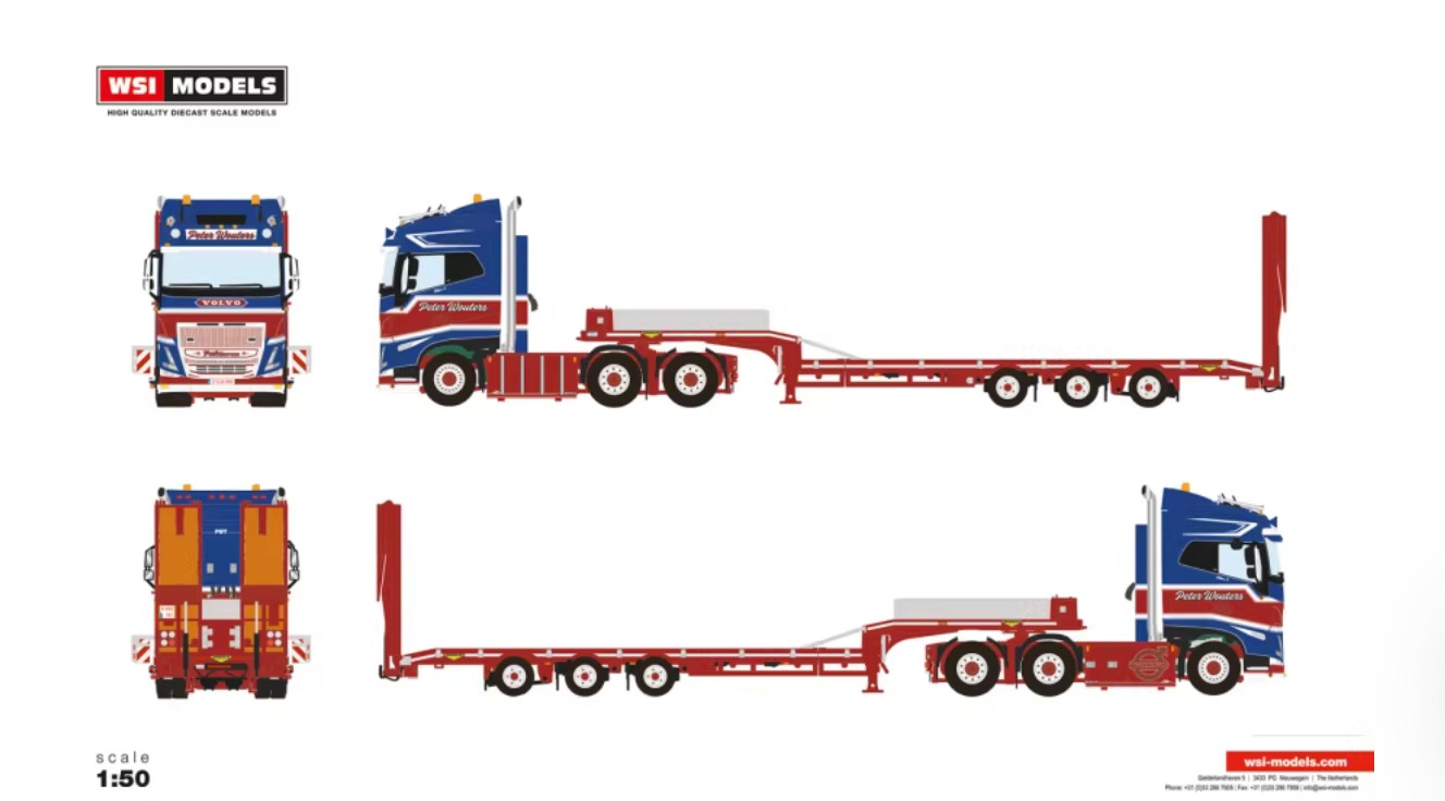 WSI 01-4123 PWT Volvo FH5 6X2 Low Loader Trailer Diecast Model 1/50 Scale Truck