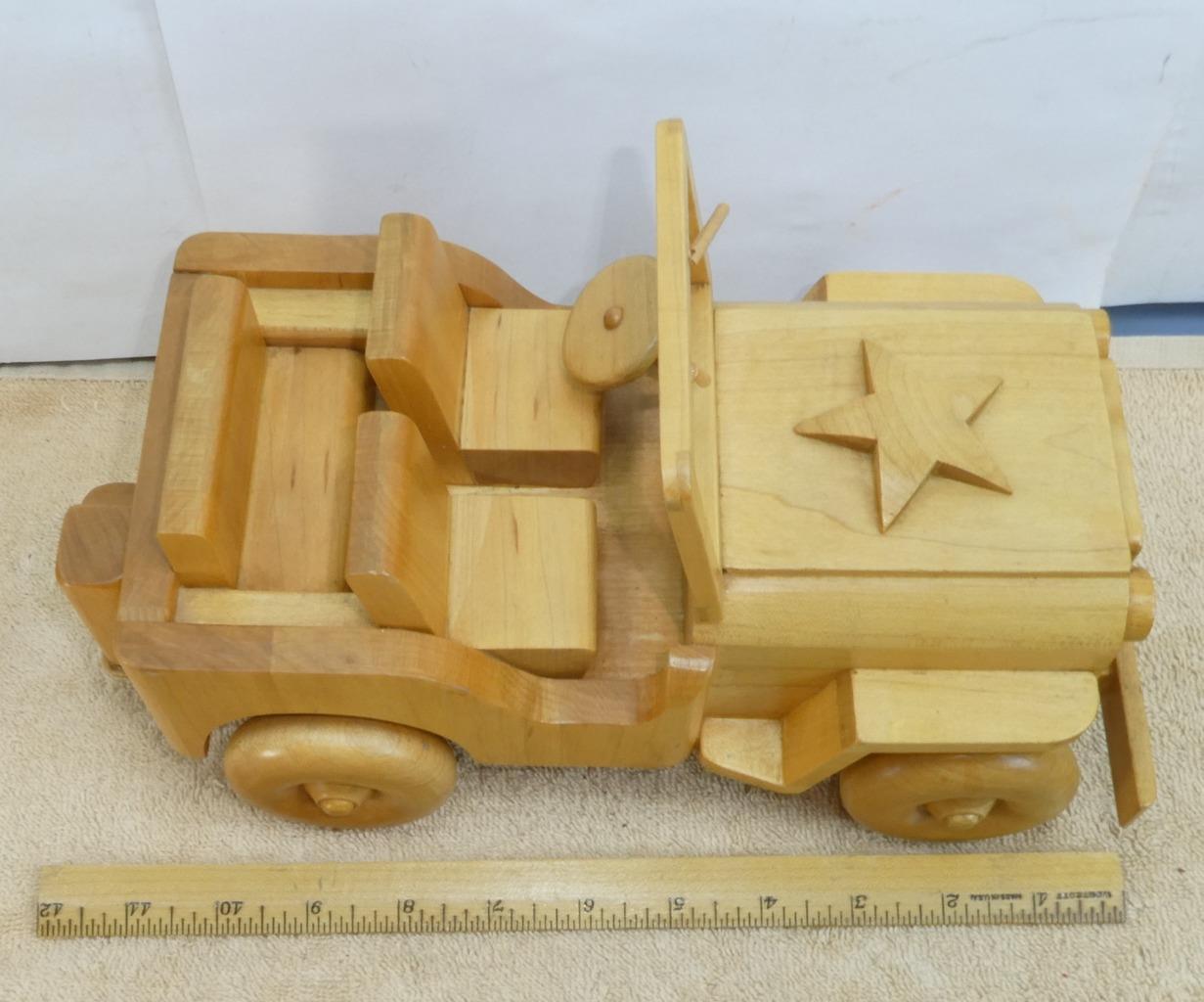 Vintage Incredible Handmade Wood Jeep Willy Wrangler Folk Art Wheels Move Army