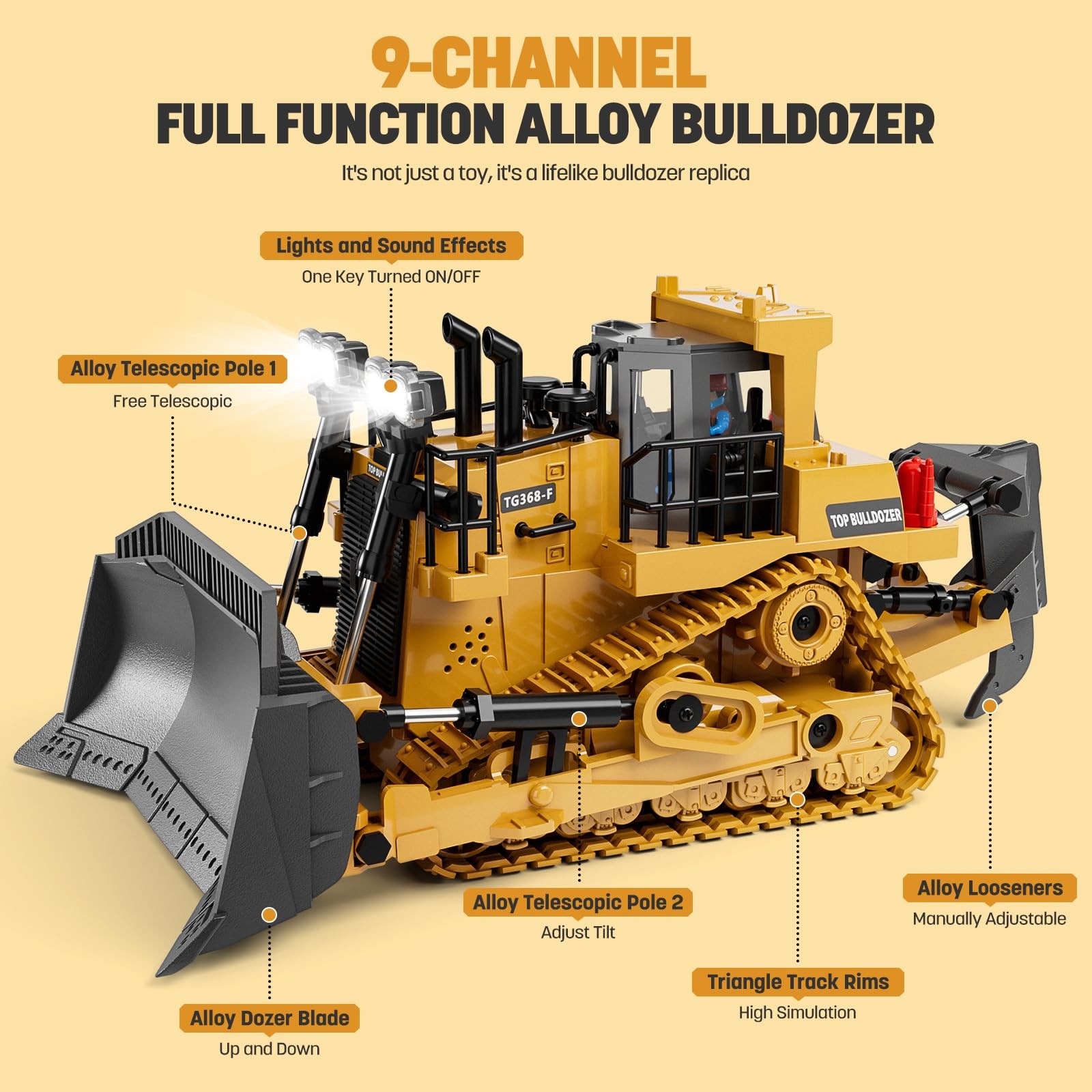 KIDMARKT Metal RC Bulldozer Toy 9-Channel Remote Control Tractor with Lights &