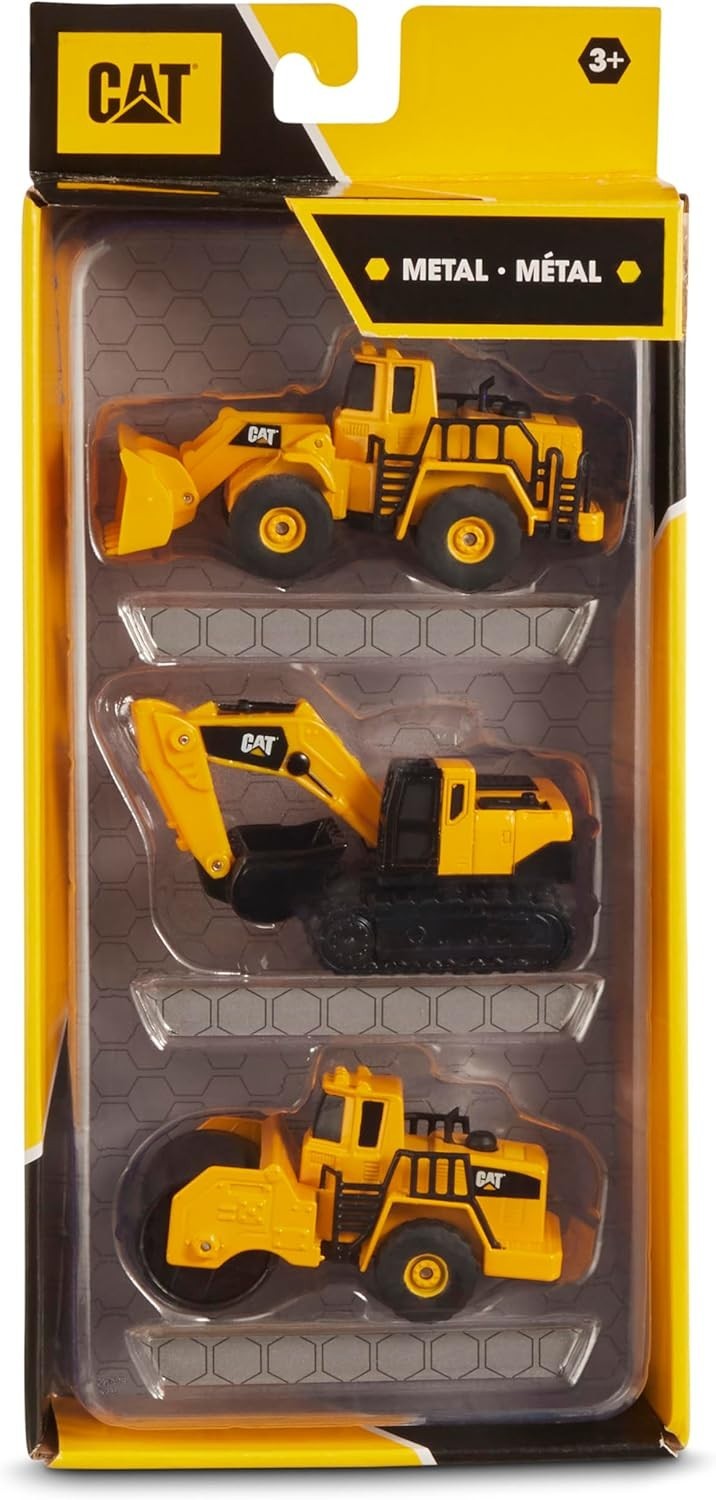 CAT Construction Die Cast Metal 3 Pack Vehicles Steam Roller Excavator Wheel