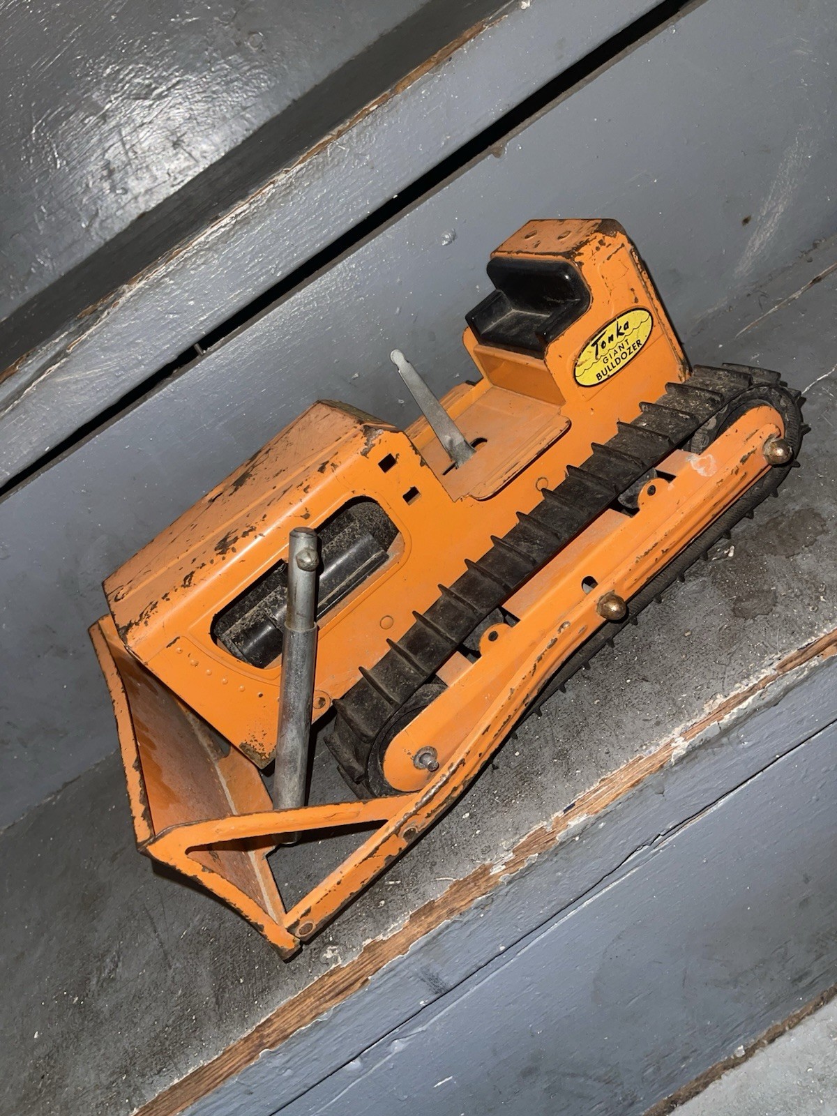 1960s TONKA TOYS Giant Bulldozer Vintage Orange Pressed Steel Toy Tractor