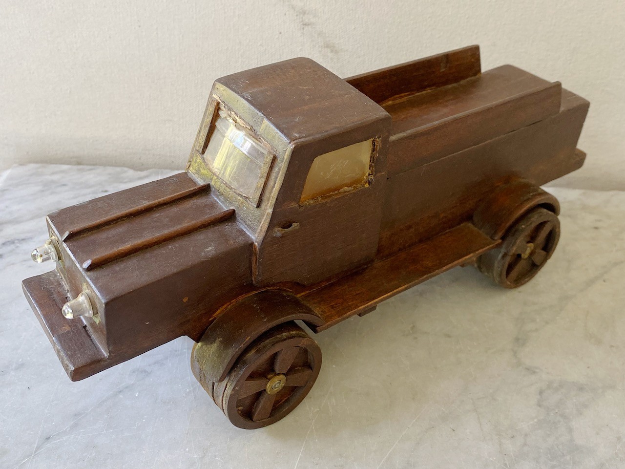 Vintage Homemade Wood Toy Flatbed Pickup Truck. Unique Handmade Bullet Wheels