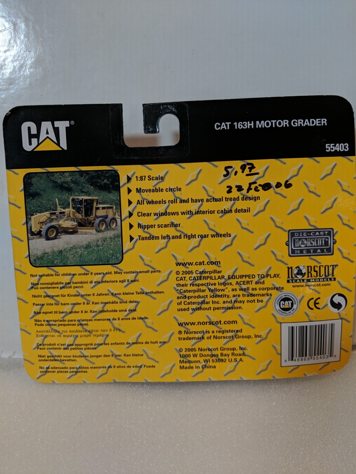 Diecast Norscot Die-Cast 1/87 HO Scale Cat 163H Motor Grader 55403 NEW RARE