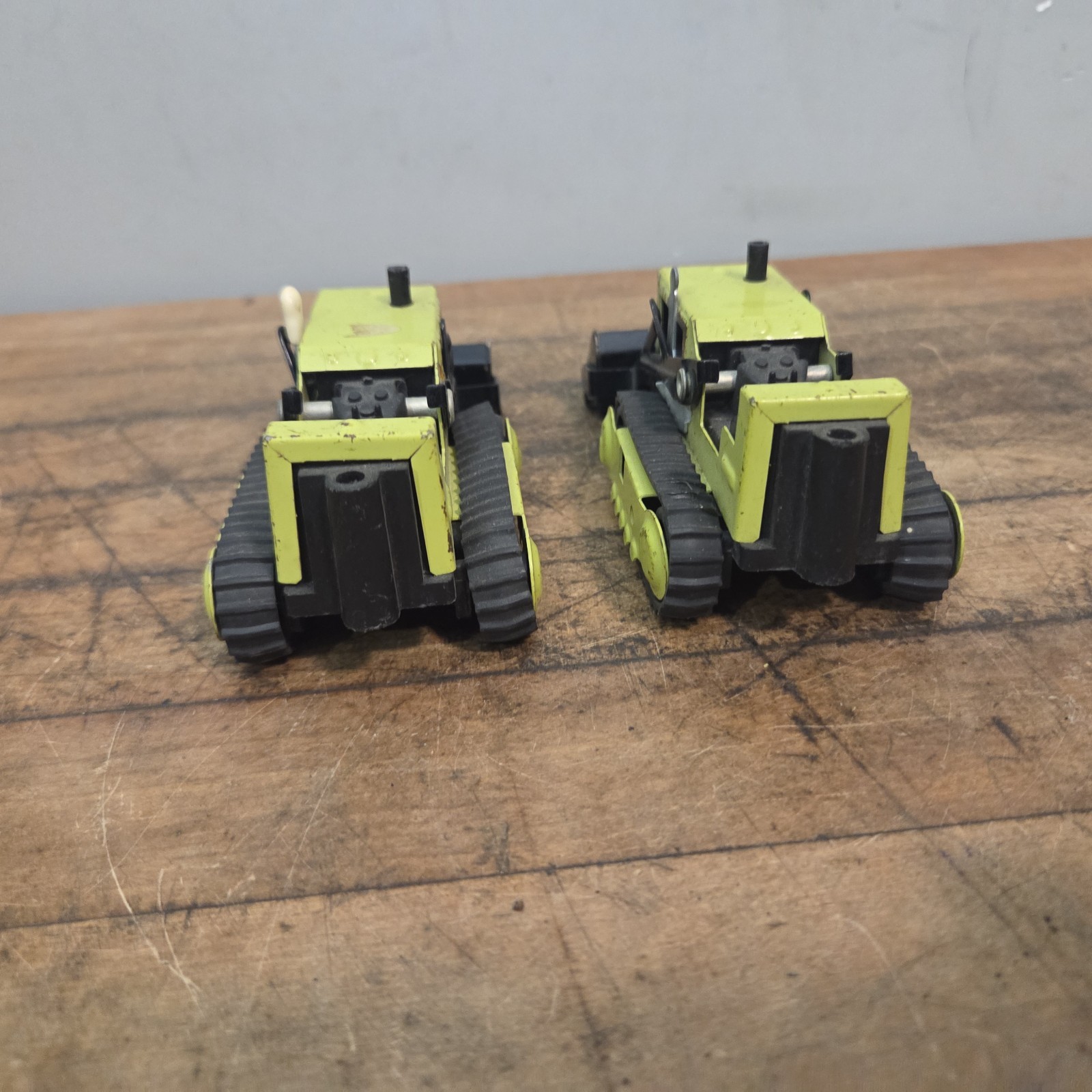 2 Vintage 1970s Tonka Green & Black Mini 1:43 Bulldozer Front End Loader 5.5”