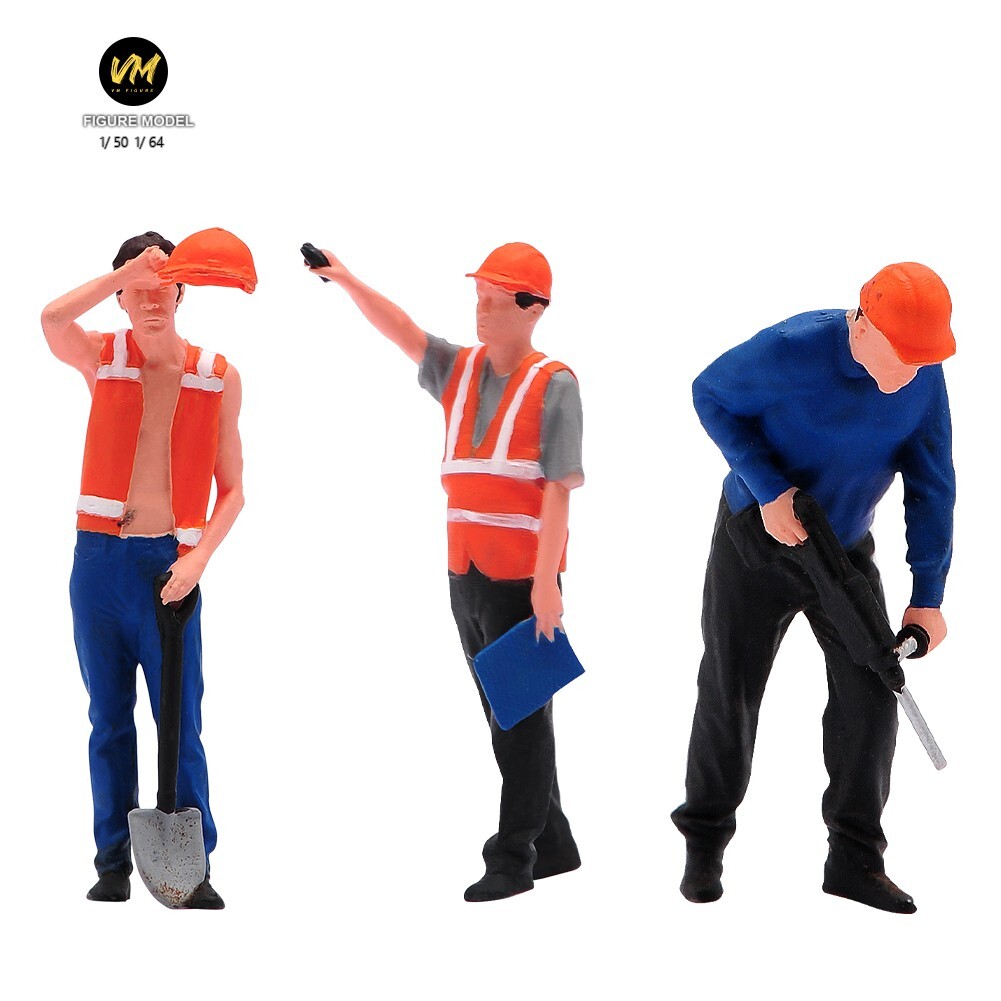VM 1:64 Construction Workers Doll 3pcs SET A1 Resin Miniature Figures Toys Scene