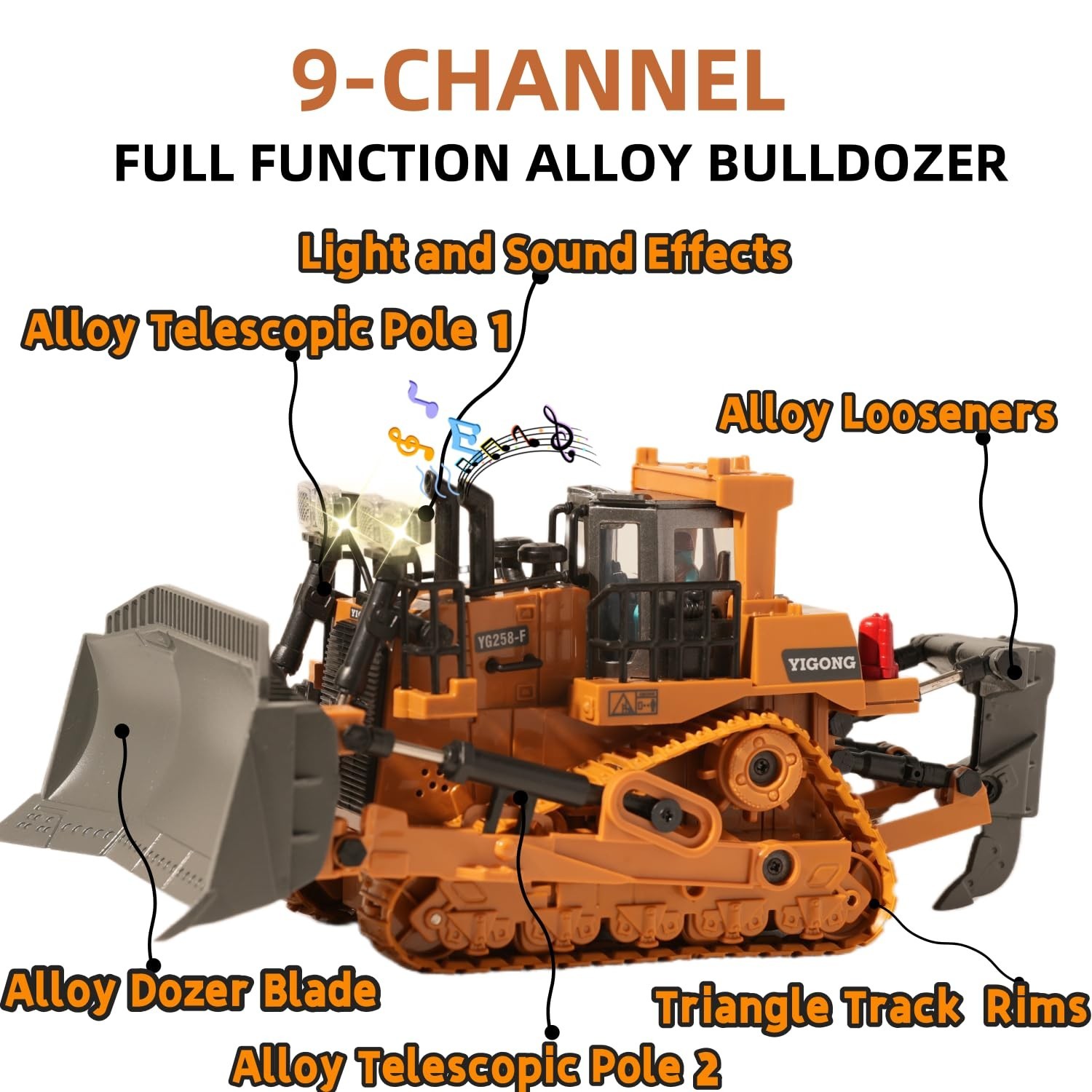 9-Channel RC Bulldozer with Lights and Sound,Construction Remote Control Bull…