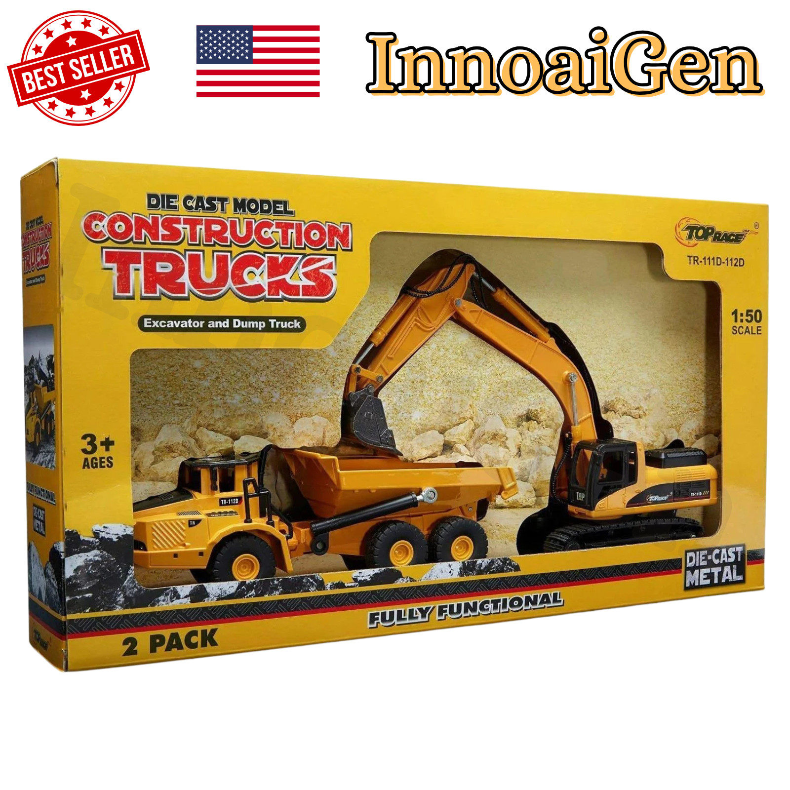 Excavator and Dump Truck Die Cast Model Construction Trucks Top Race 1:50 Scale
