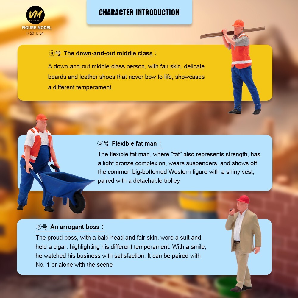 VM 1:64 Construction Workers Doll 3pcs SET B1 Resin Miniature Figures Toys Scene