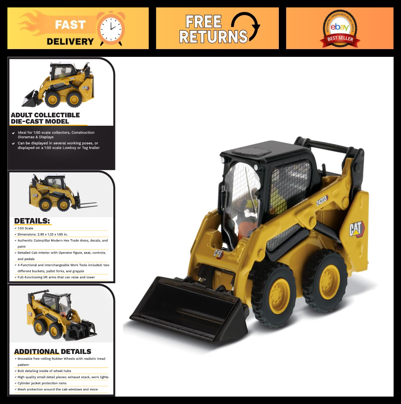 1:50 Scale Diecast Skid Steer Loader with Attachments | Construction Equipment M