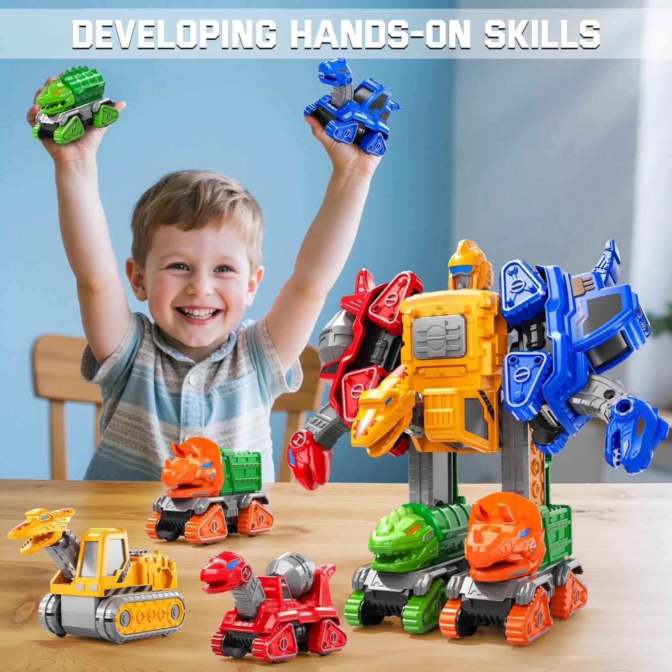 Transforming Robot Toys Set Construction Trucks, Dinosaur Car Toys 6 in 1 Tra…
