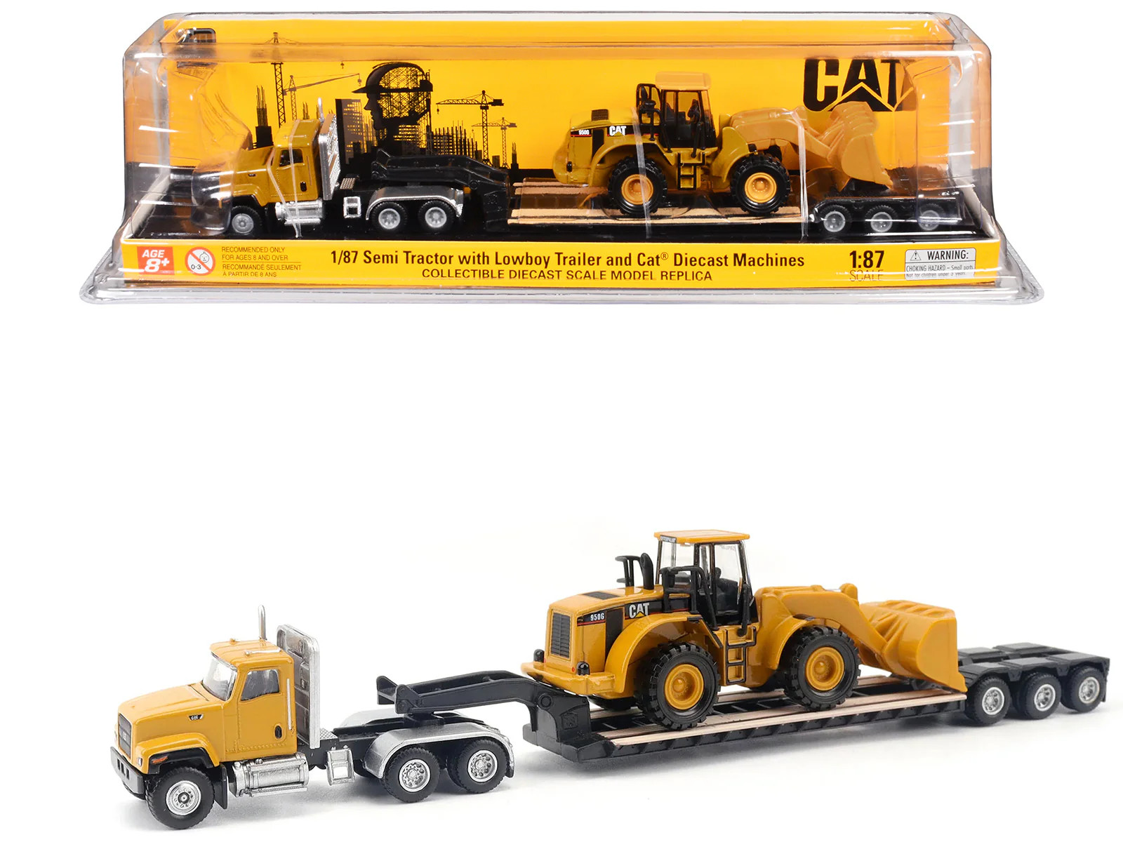 CAT Caterpillar CT681 Day Cab Tractor Yellow with Lowboy Trailer and CAT 950G Wh