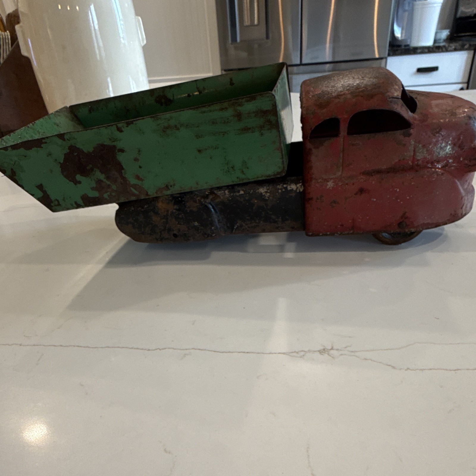 Vintage Pressed Steel Dump Truck Toy Red Cab Green Bed Green Red