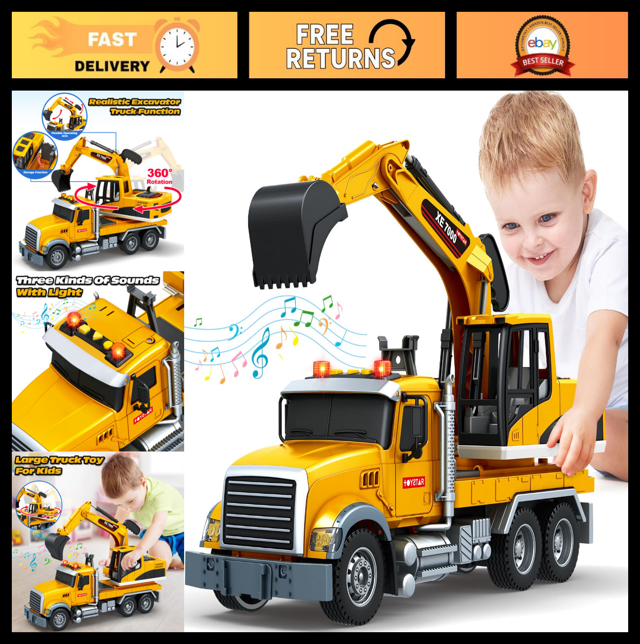 Excavator Truck Toy for Kids 3-8 Years – 15″ Friction Powered, Lights & Sounds,