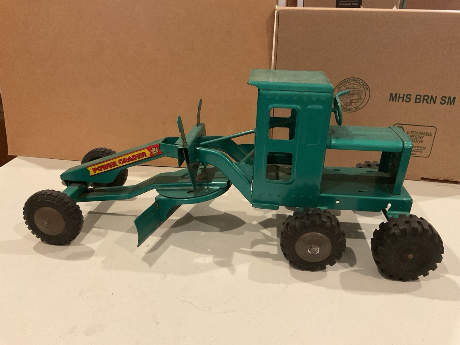 Vintage 1964 Louis Marx No. 1760 Pressed Steel Power Grader, Green, Original Box