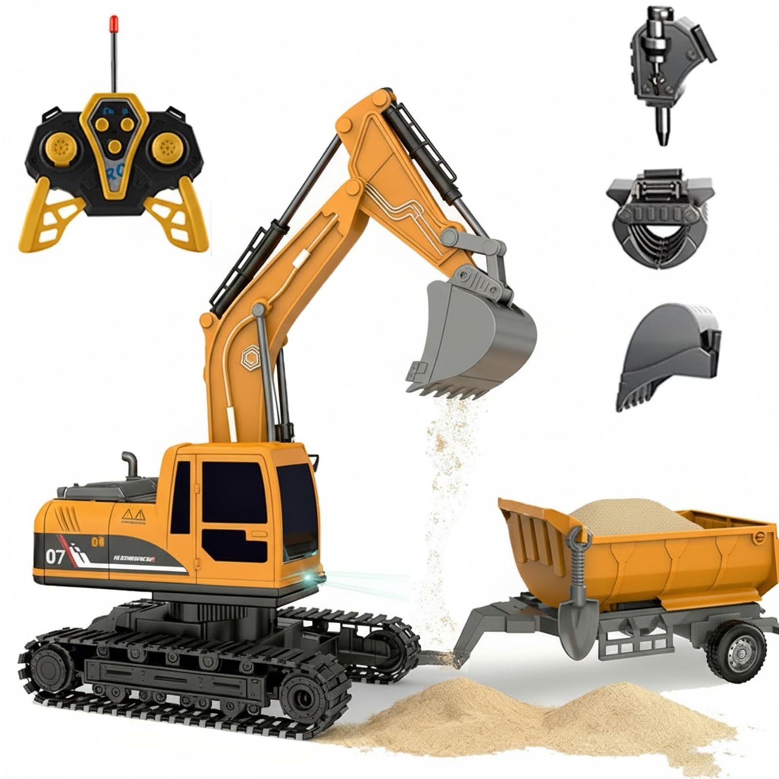 RC Excavator & Sand Hauler 4-in-1 Toy Set Gift 4-8 | 4-in-1: metal/ABS buckets,