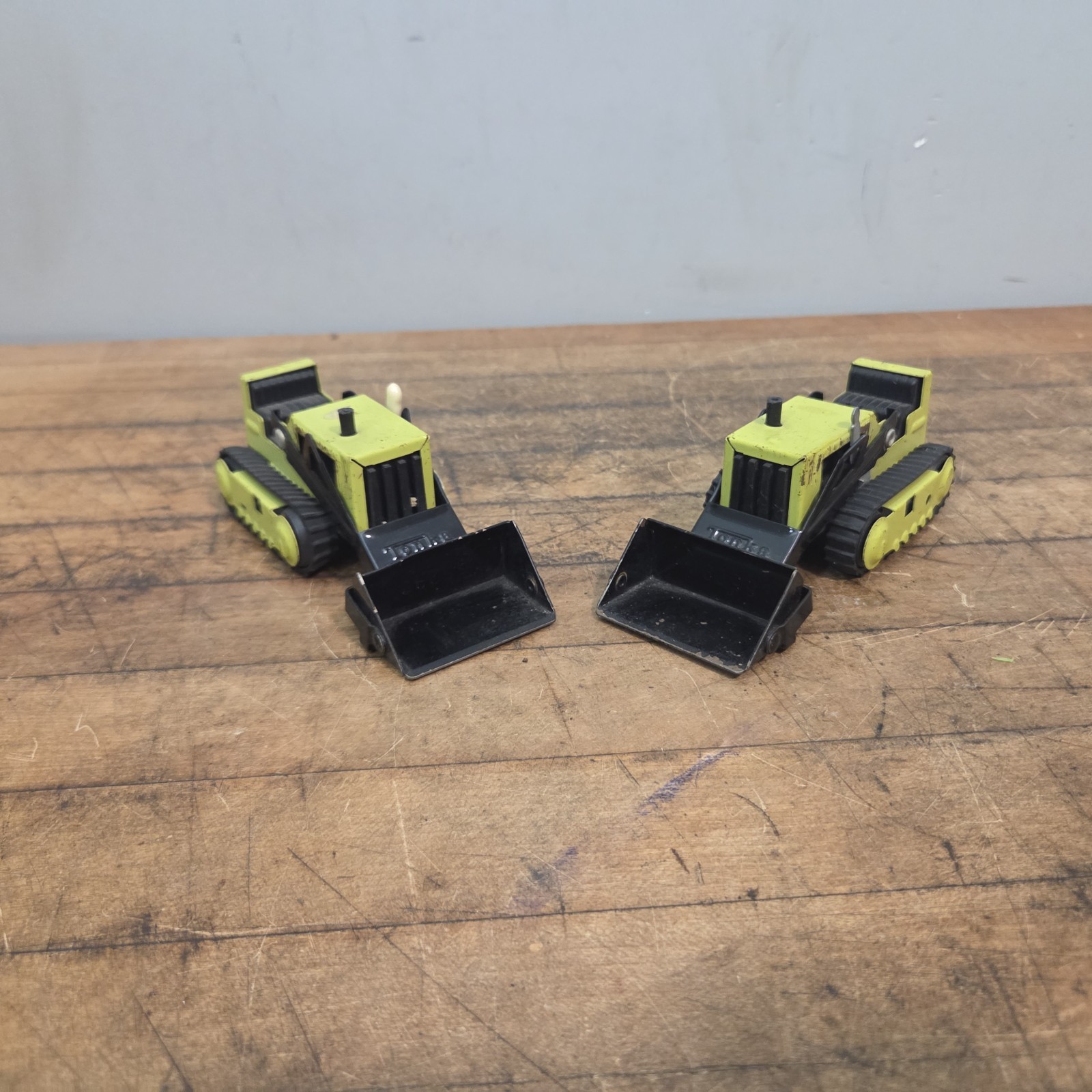 2 Vintage 1970s Tonka Green & Black Mini 1:43 Bulldozer Front End Loader 5.5”