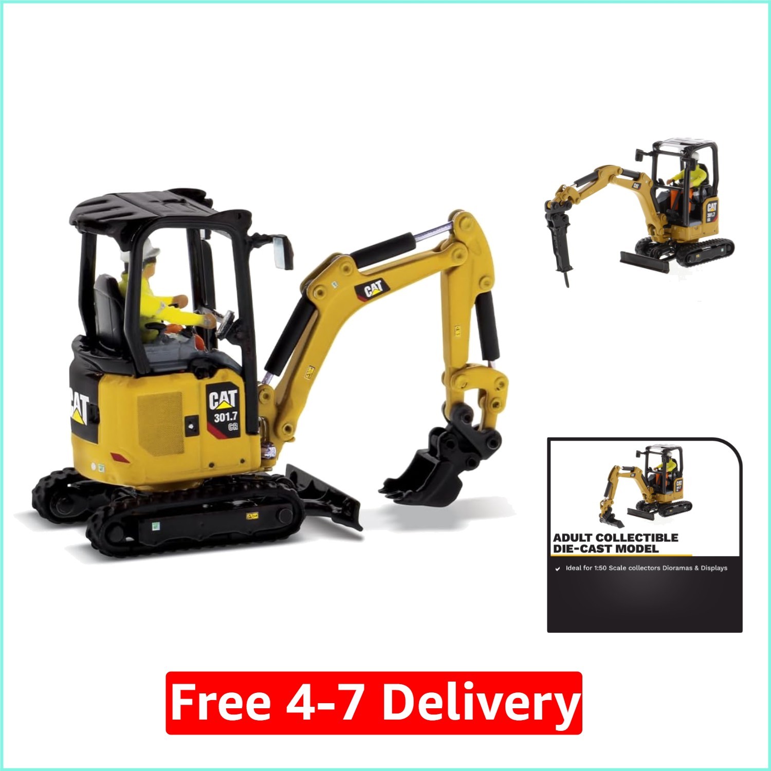 Authentic 1:50 Caterpillar Mini Excavator with Attachments – High Detail Replica