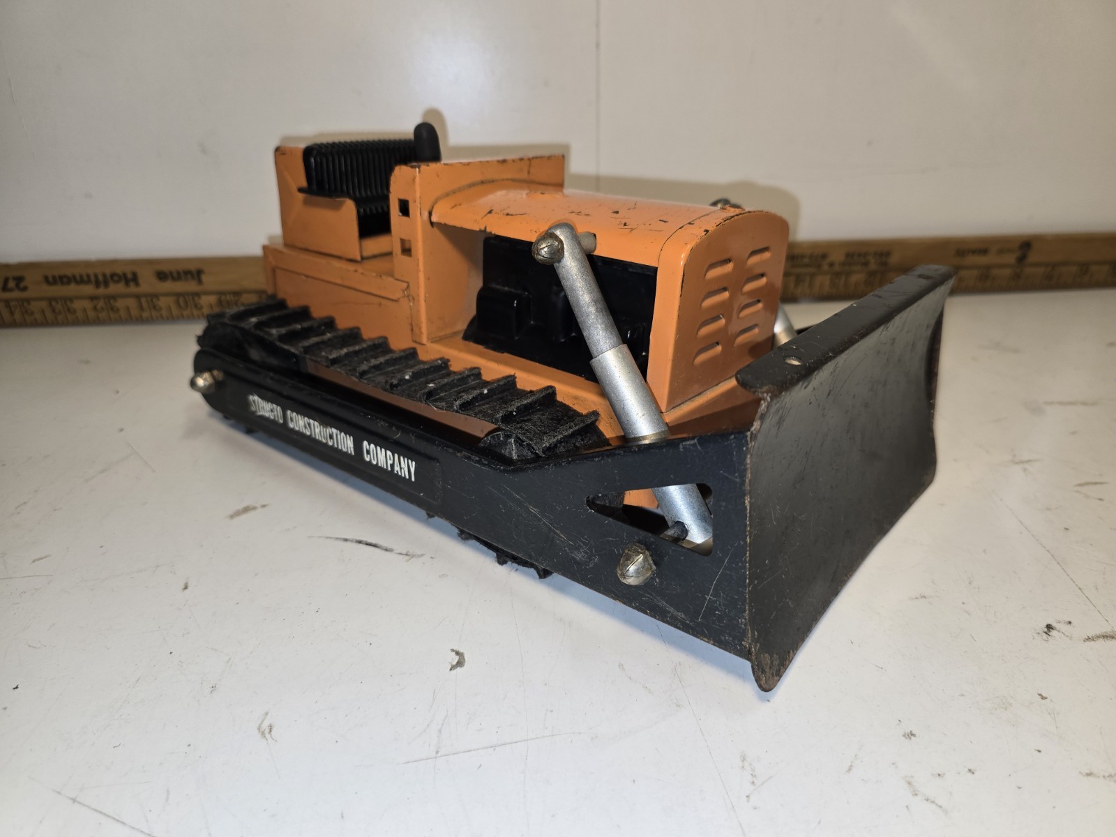 Vintage 1950s, Structo Bulldozer Orange missing 1 Track, Steel Good Cond