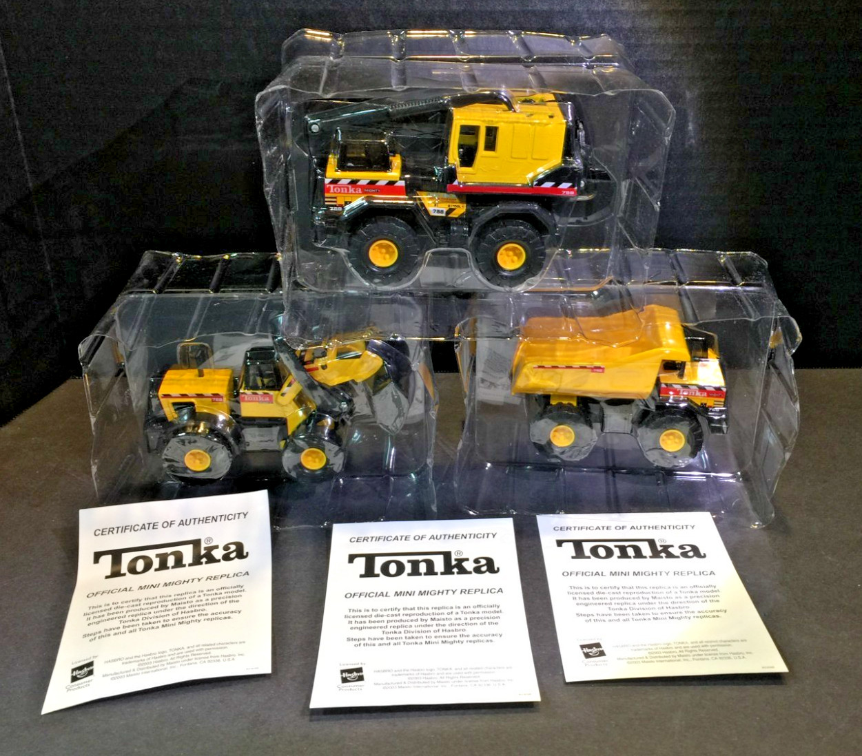 2003 Hasbro Tonka 3 Mini Mighty Replicas Crane, Front Loader, Dump W/COAs NEW!