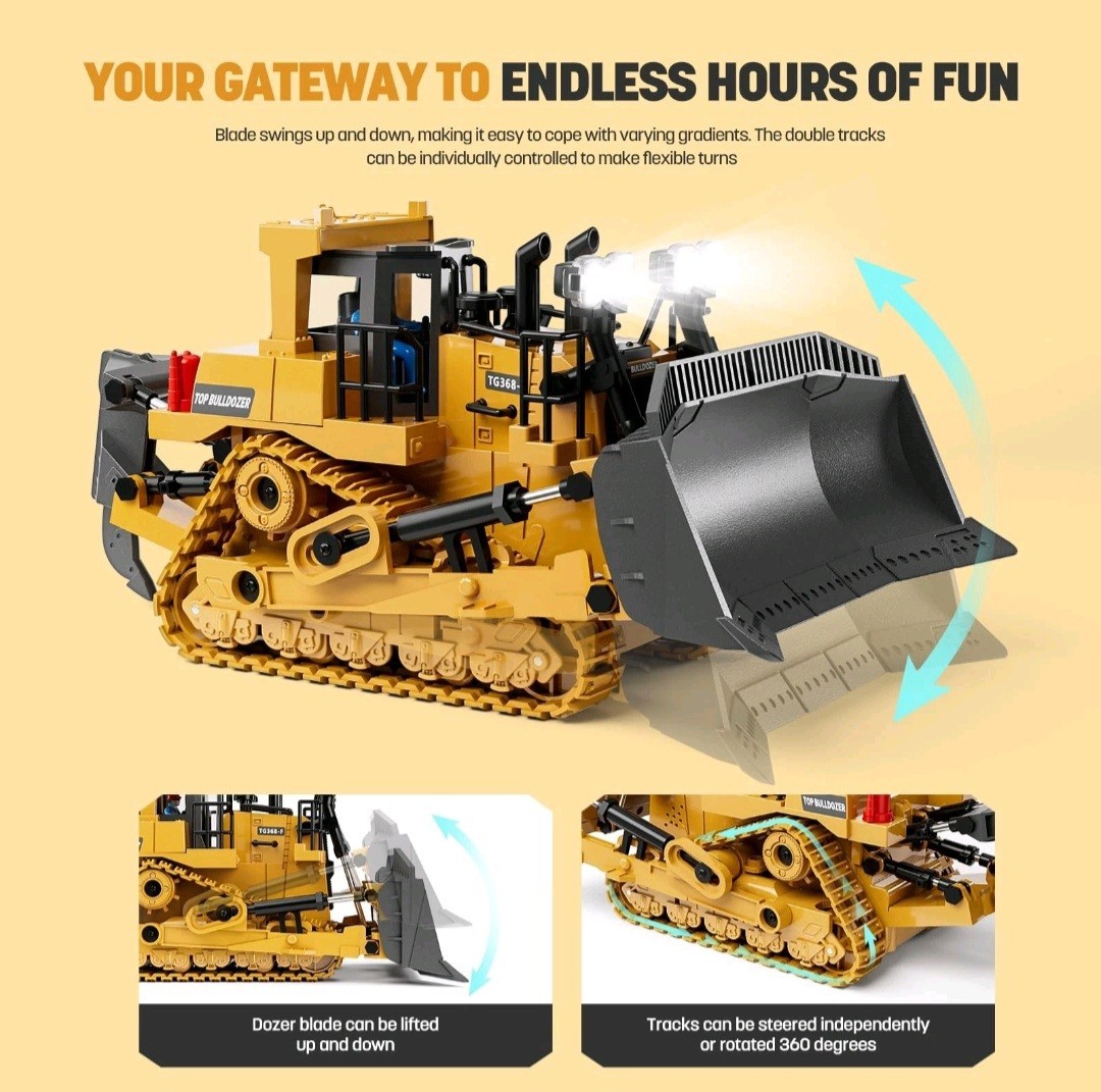 KIDMARKT Metal 9-Channel Remote Control RC Bulldozer Toy Tractor-Lights & Sounds