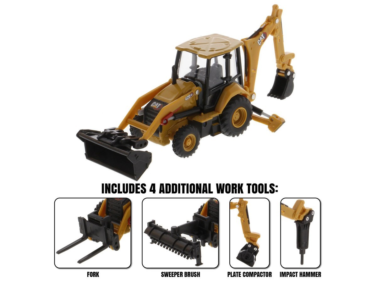 CAT 420 XE Backhoe Loader Yellow 1/64 Scale Diecast Construction Model with Tool