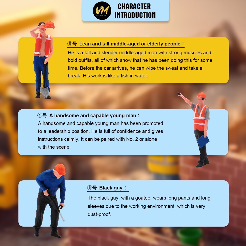 VM 1:64 Construction Workers Doll 3pcs SET A1 Resin Miniature Figures Toys Scene