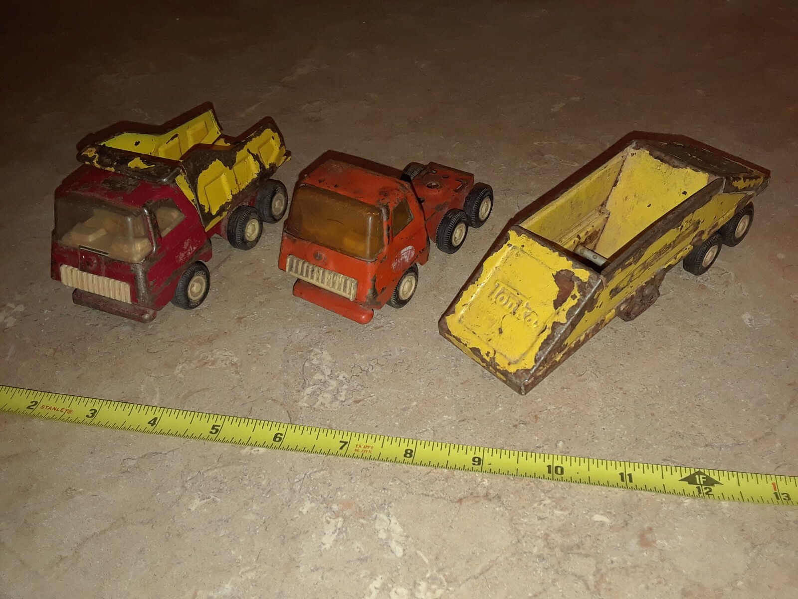Vintage Tonka Lot: Orange Semi Cab, Yellow Bottom Dump, Red/Yellow Dump Truck