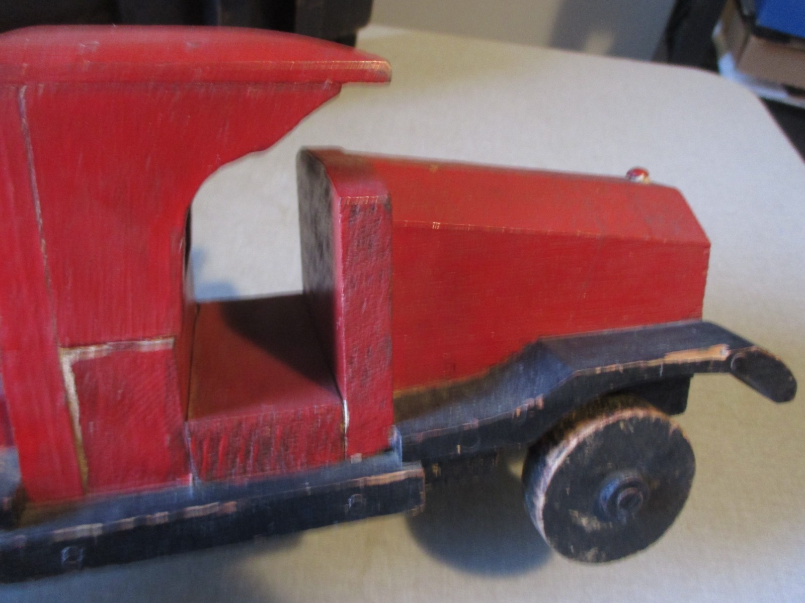 1930 FOLK ART WOOD HANDMADE SEMI TRUCK & STAKE BODY TRAILER ANTIQUE TOY SET-32″