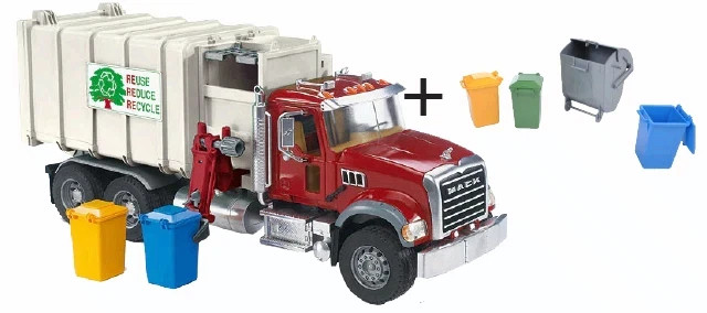Bruder 02811 MACK Granite Side Loading Garbage Truck + Free Trash Cans #02811