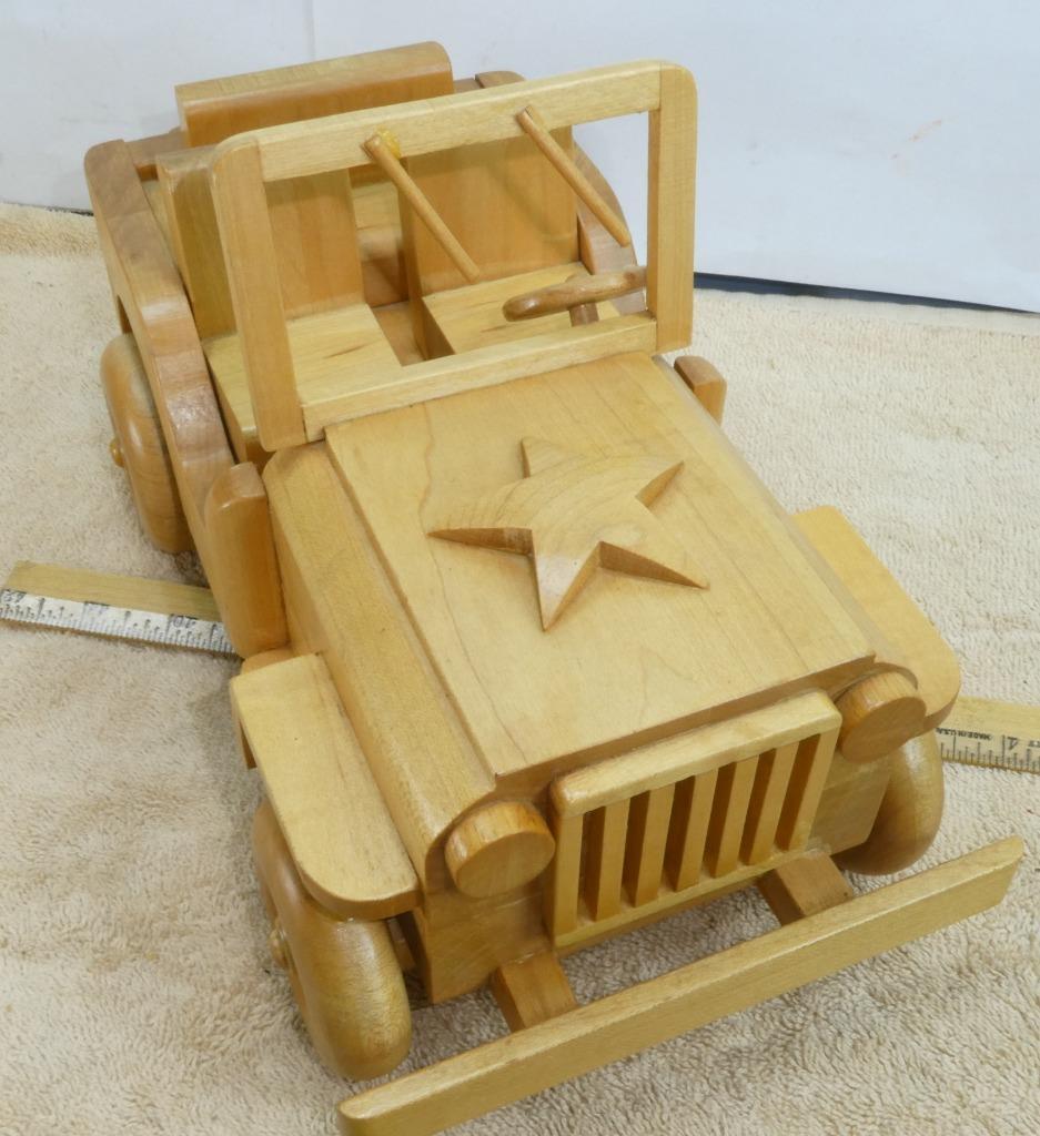 Vintage Incredible Handmade Wood Jeep Willy Wrangler Folk Art Wheels Move Army