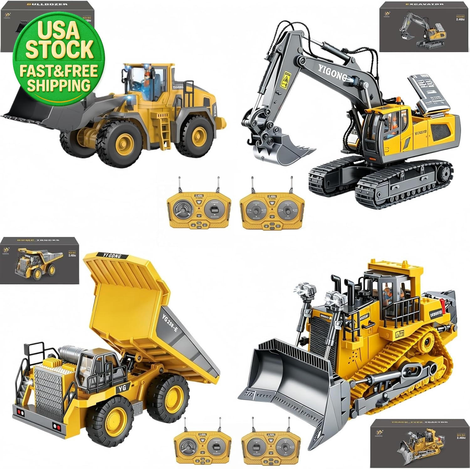 4 Piece RC Construction Vehicle Set Excavator Dump Truck Loader Bulldozer