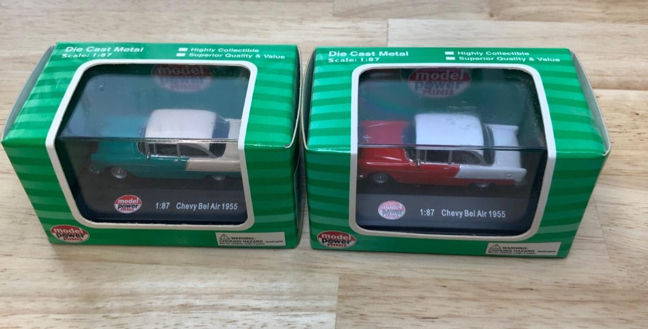 1955 Chevy Bel Air 1:87 Scale Model Power Model 19236 Green and 19237 Red
