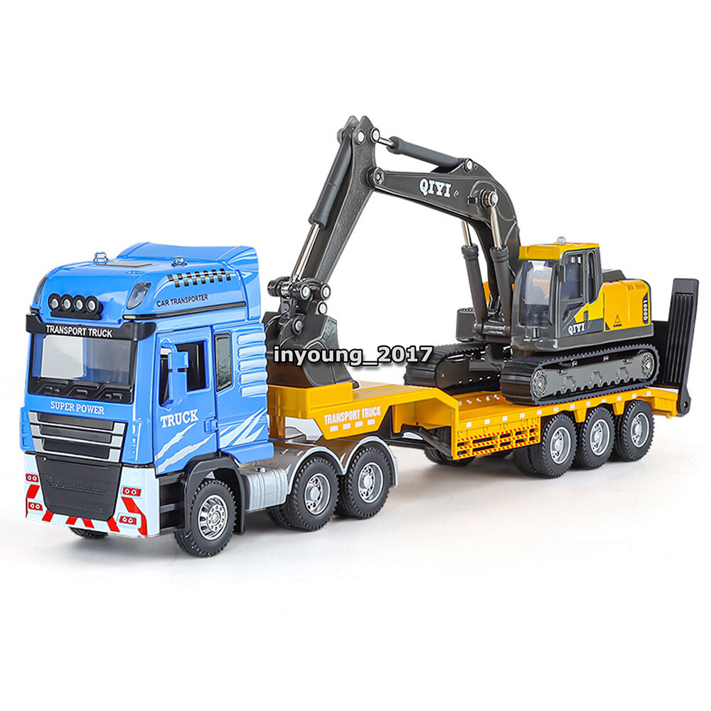 Flatbed Truck with Excavator Diecast Construction Equipment Model Toy Vehicle