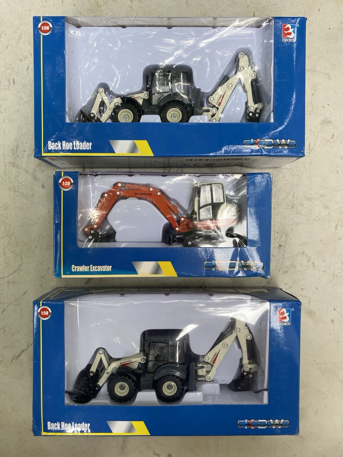 KDW 1/50 Diecast Set Of 3 Kaidiwei Back Hoe Loader & Crawler Excavator