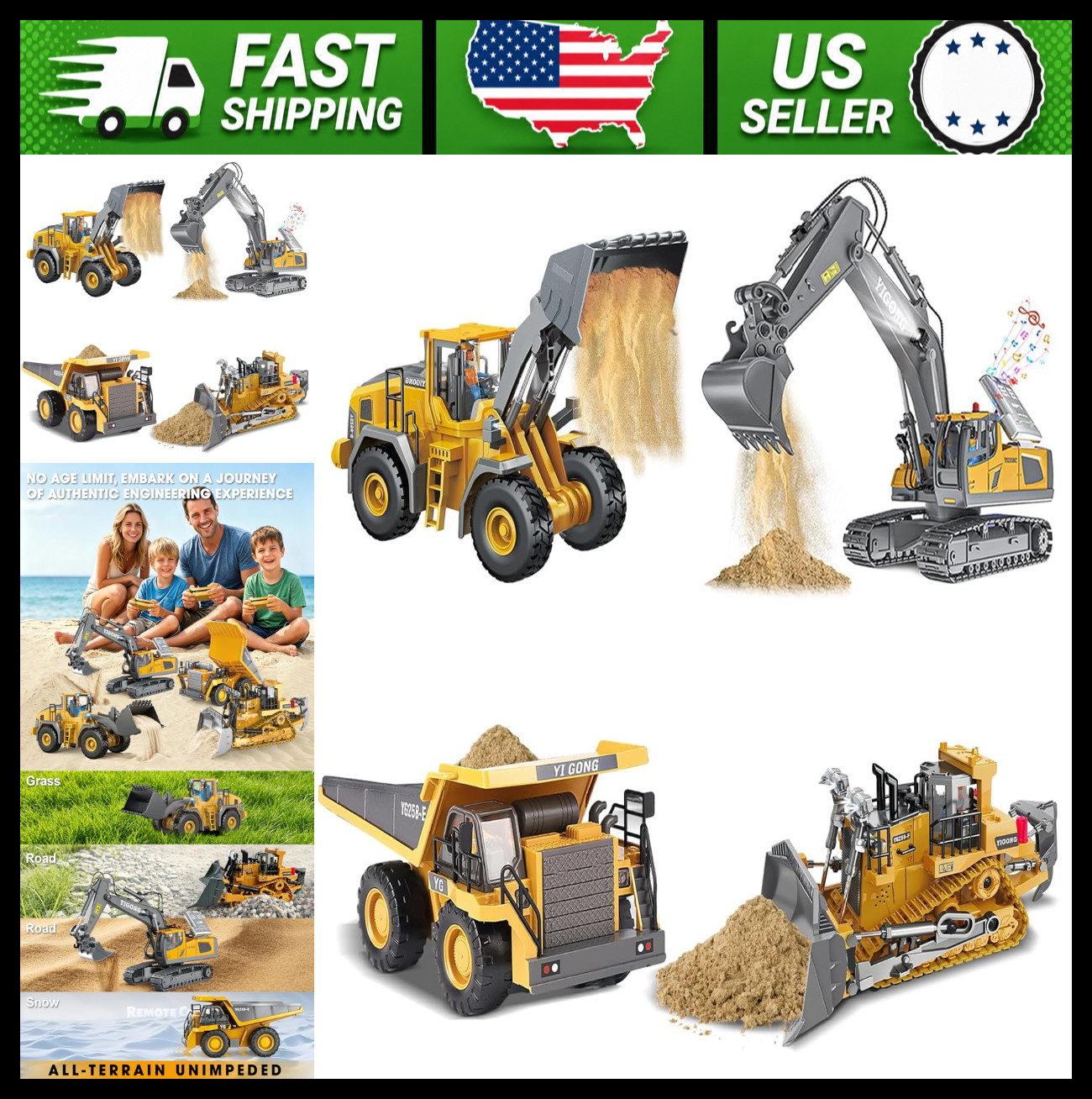 RC Construction Vehicles Set 4-Piece Excavator Dump Truck Bulldozer Loader