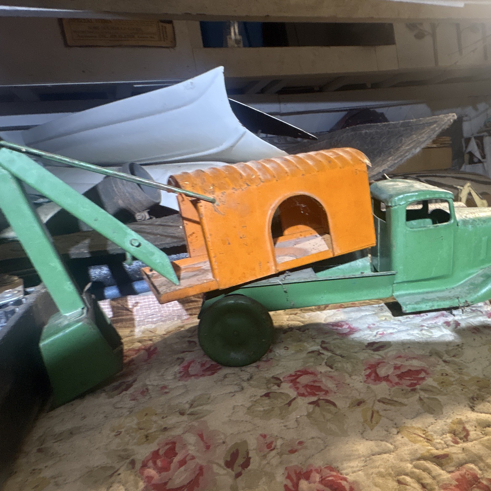 Vintage Thomas toys Dump Truck Green Orange w/ Scoop Crane Bucket Trailer