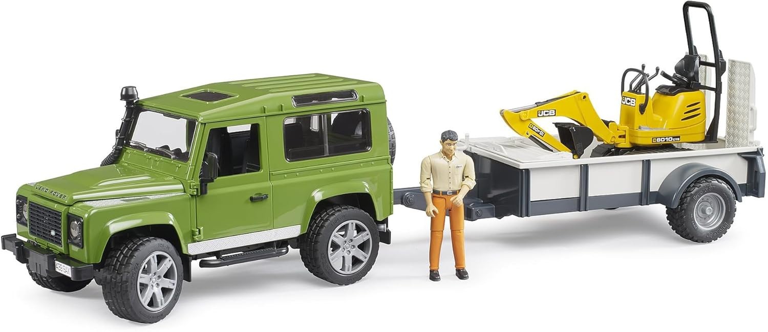 Bruder Land Rover Defender Drawbar Trailer JCB Micro Excavator and Worker