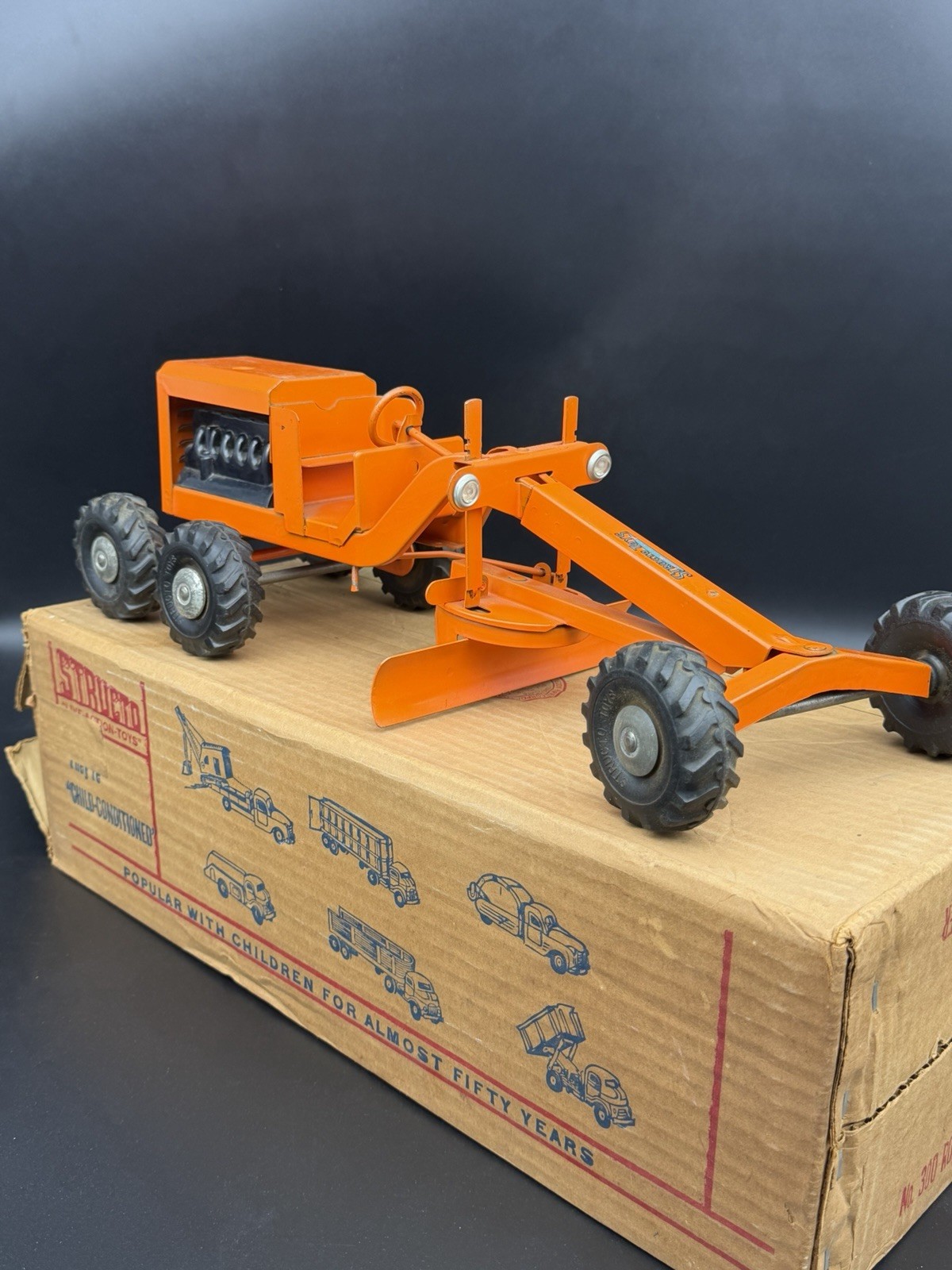 Vintage Structo Toys Road Grader No. 300 Orange Pressed Steel W/ Box