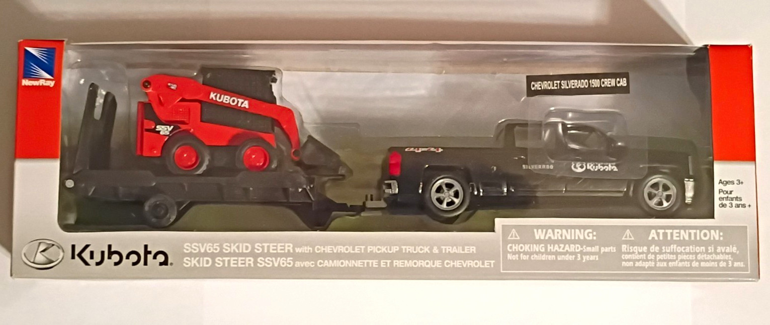 New-Ray Kubota SSV65 Skid Steer w/ Diecast Chevy Silverado 1500 Pickup & Trailer
