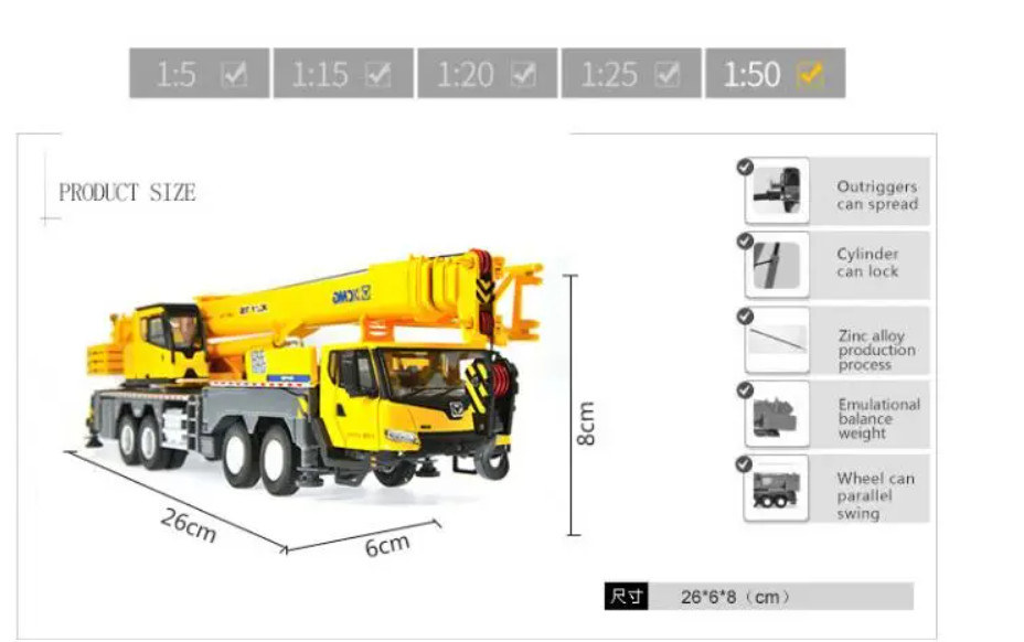 1:50 Scale Diecast Construction Machinery XCMG XCT 75 Tons Truck Crane Model Toy